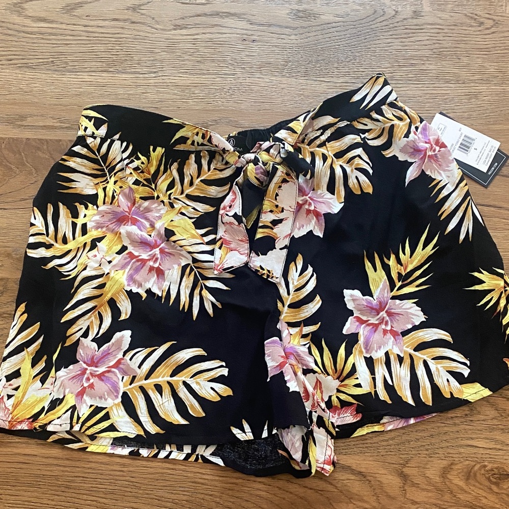 Volcom Black Floral Shorts with Pink and Yellow